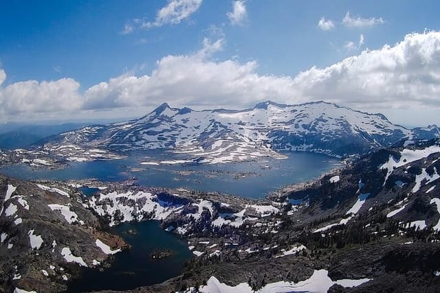 Heather Lake in foreground with Lake Aloha and Pyramid Peak